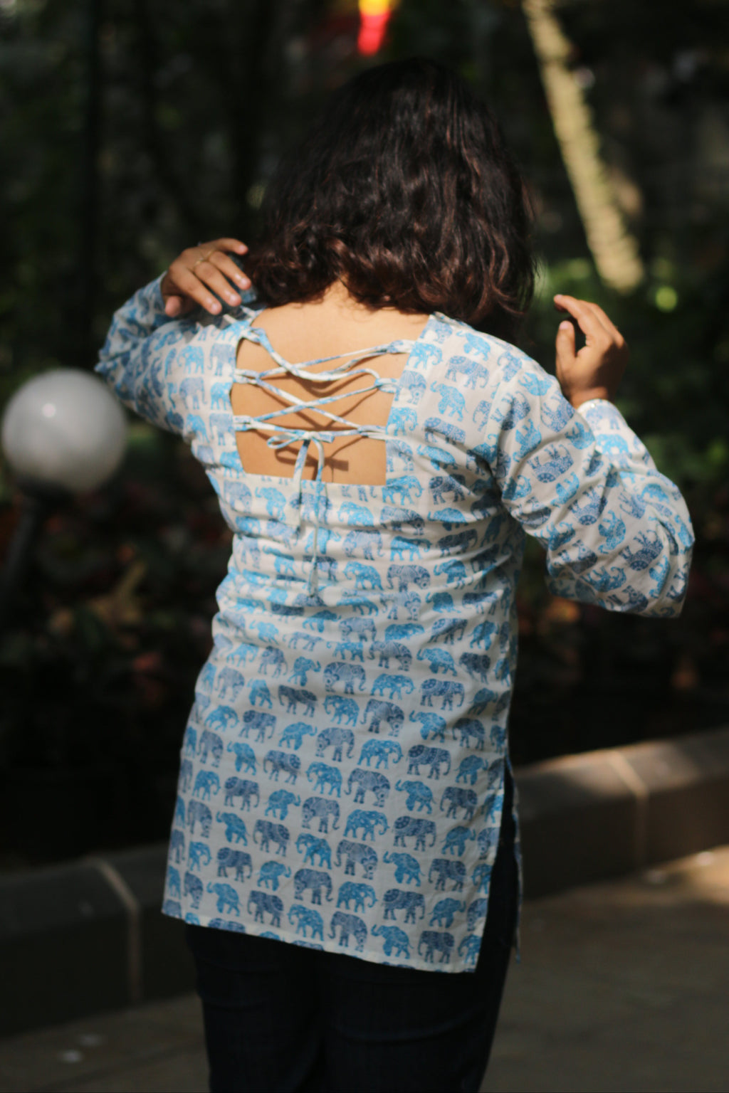 White Blue Elephant-Print Bell-Sleeve Kurti