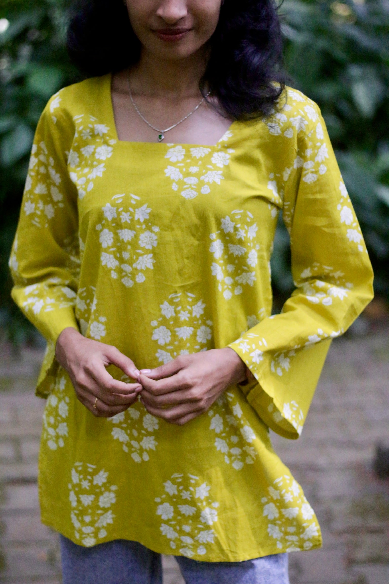 Lime Yellow Floral-Print Bell-Sleeve Kurti
