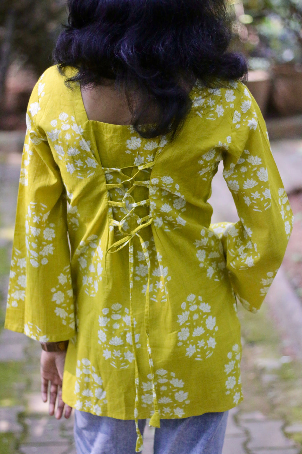 Lime Yellow Floral-Print Bell-Sleeve Kurti