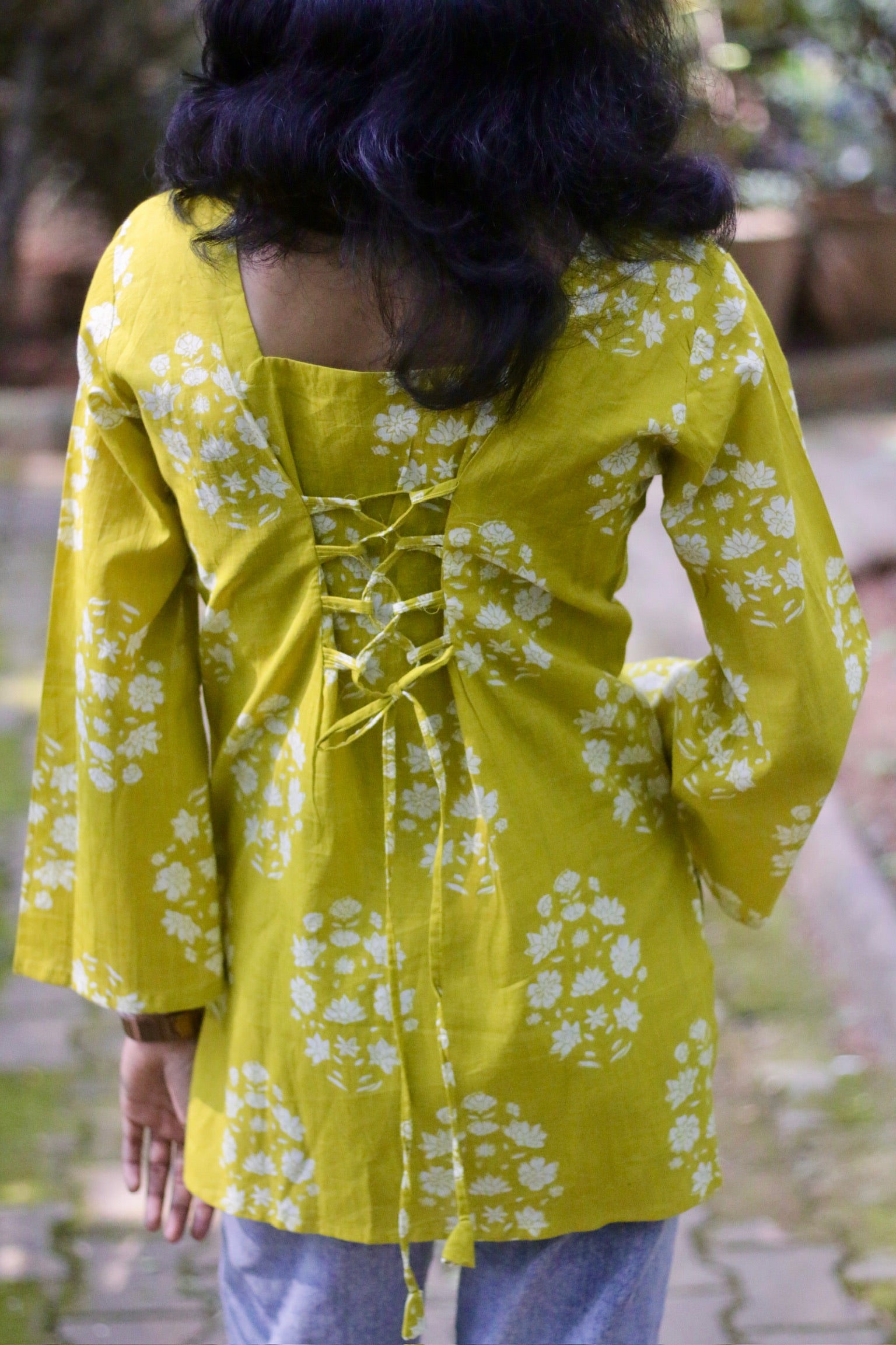 Lime Yellow Floral-Print Bell-Sleeve Kurti