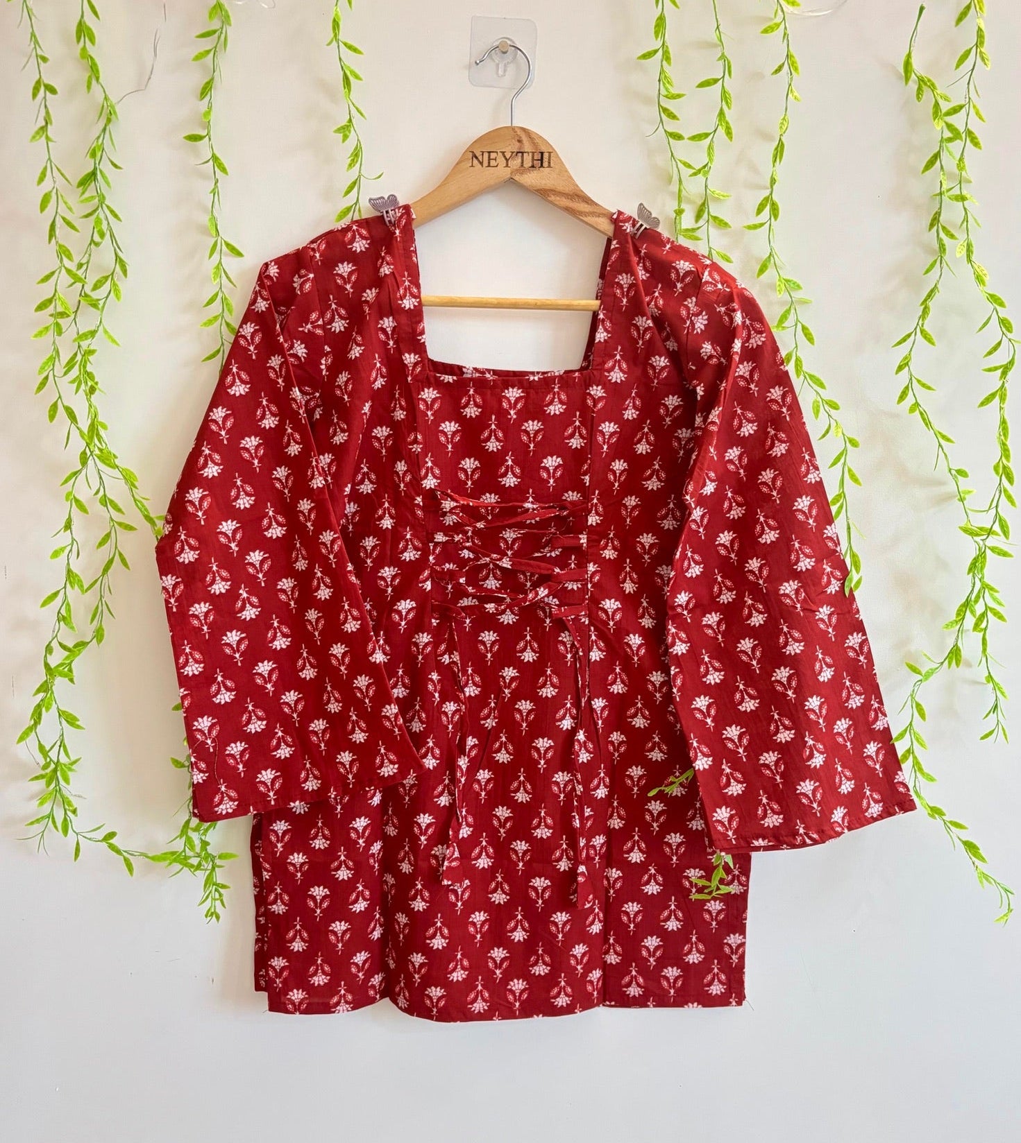 Deep Red Handblock Floral-Print Kurti