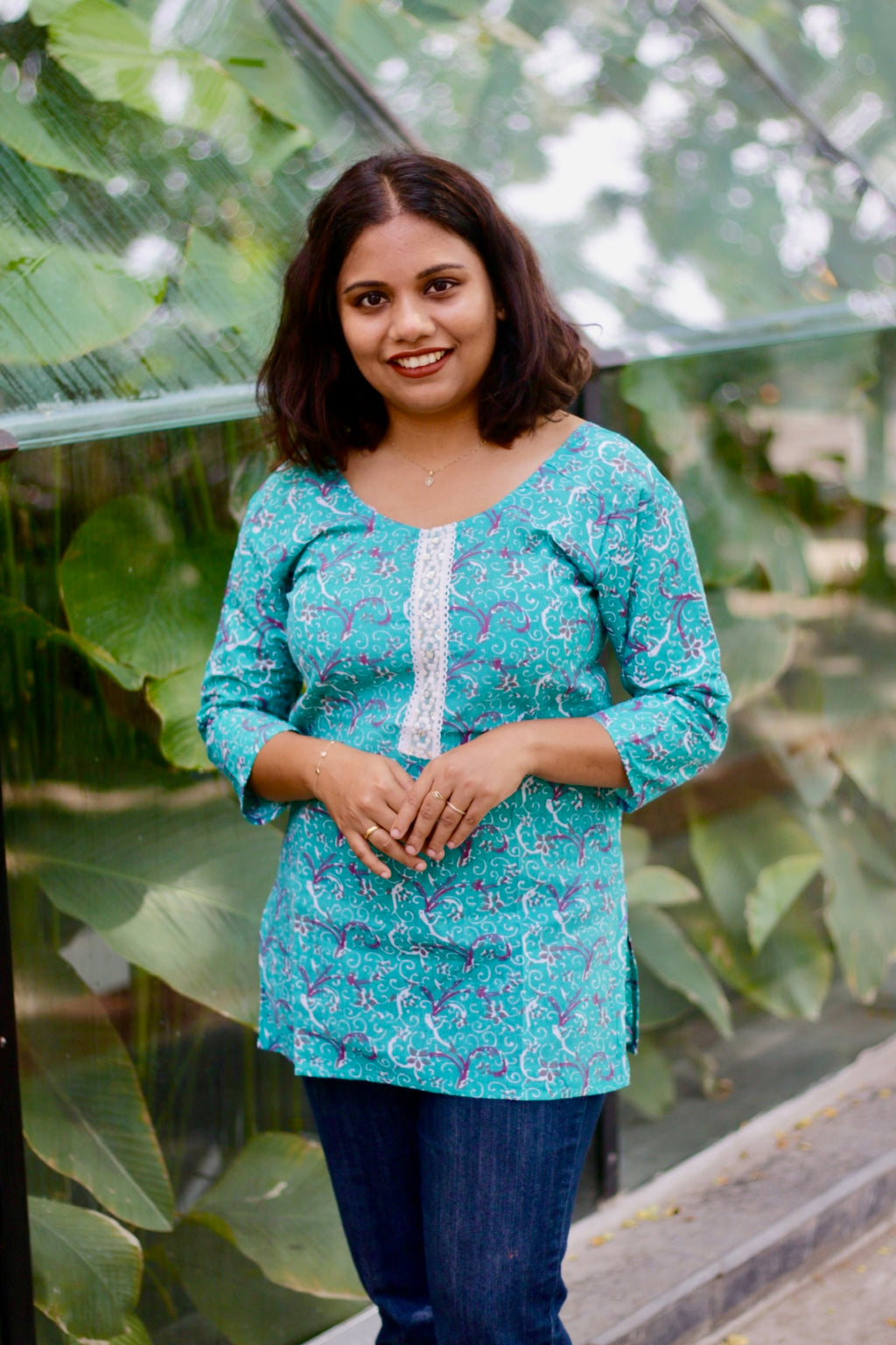 Vibrant Vine-Print Short Kurtis