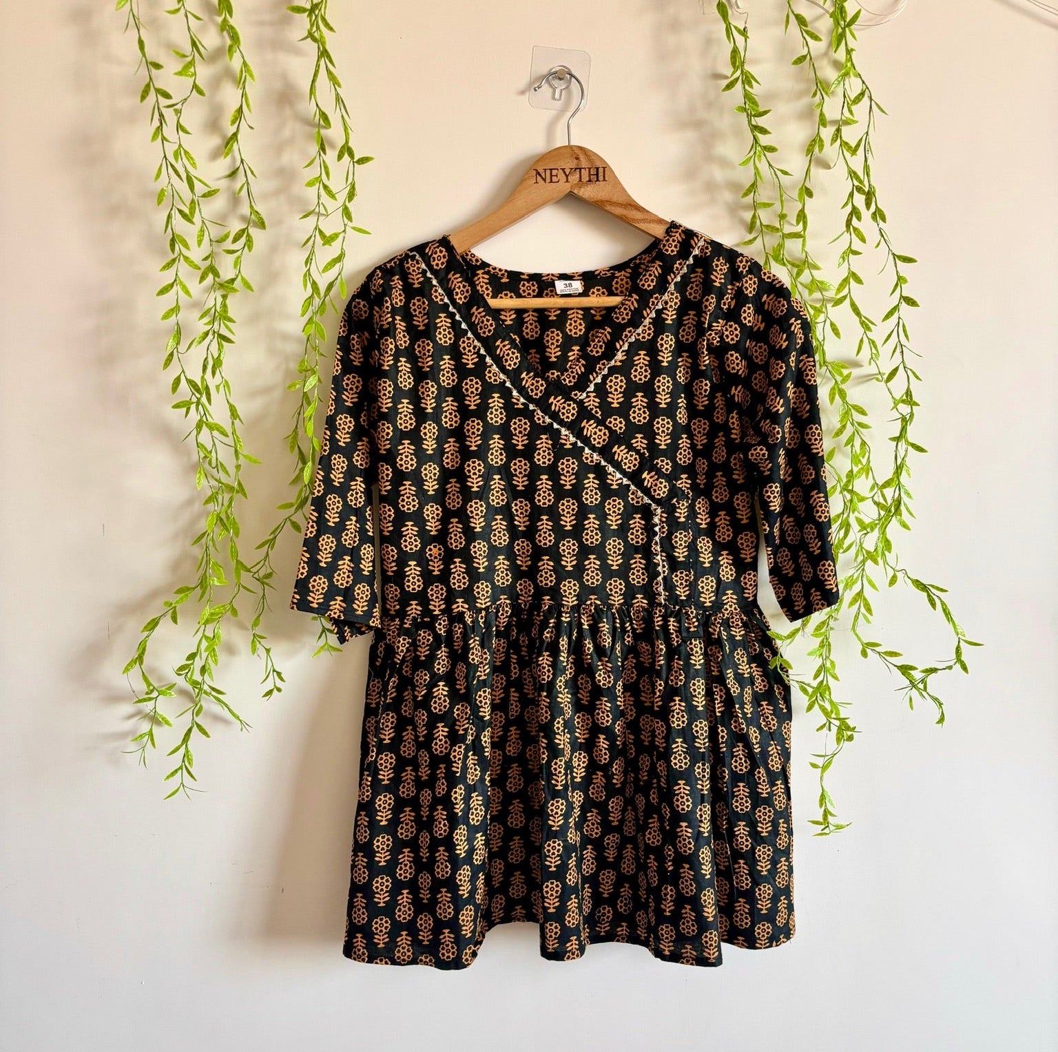 Black Mustard Floral-Print Umbrella Cut Kurti