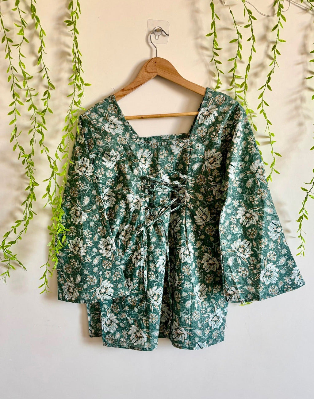 Teal Green Floral-Print Bell-Sleeve Kurti