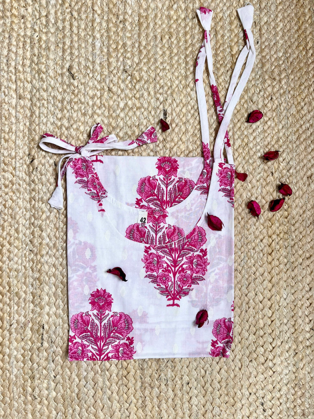 White Pink Floral-Print Sleeveless Kurti