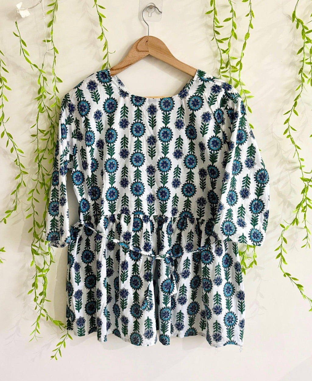 White Handblock Bloom-Print Umbrella Cut Kurti